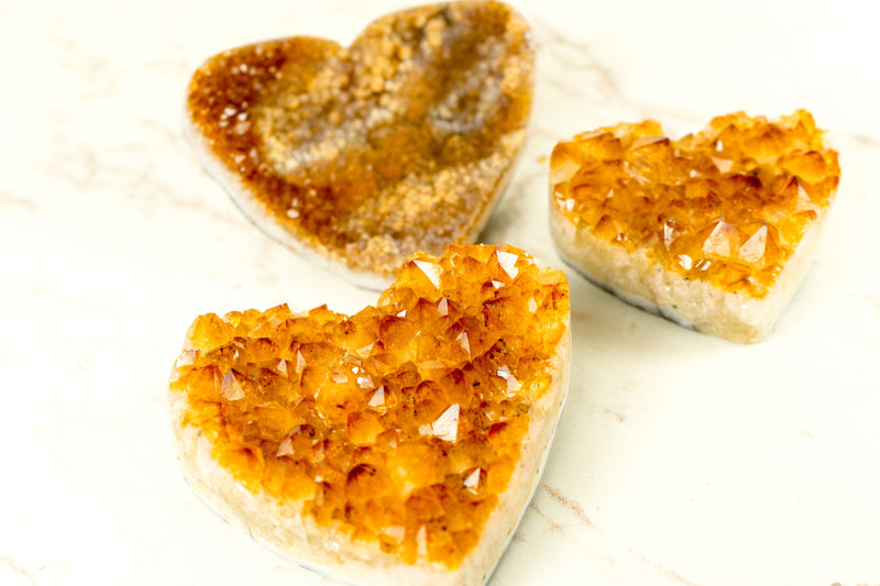 Set of 3 High-Grade Deep Orange Citrine Hearts, Natural, One with Galaxy Citrine Druzy, Wholesale Flat Box - 1.7 Kg - 3.7 lb - E2D Crystals & Minerals