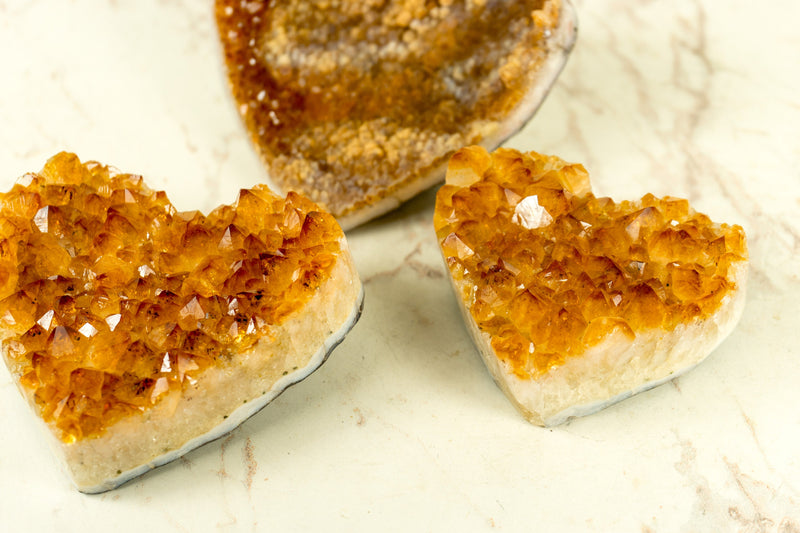 Set of 3 High-Grade Deep Orange Citrine Hearts, Natural, One with Galaxy Citrine Druzy, Wholesale Flat Box - 1.7 Kg - 3.7 lb - E2D Crystals & Minerals