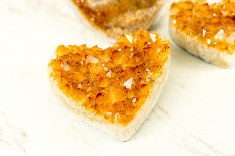 Set of 3 High-Grade Deep Orange Citrine Hearts, Natural, One with Galaxy Citrine Druzy, Wholesale Flat Box - 1.7 Kg - 3.7 lb - E2D Crystals & Minerals