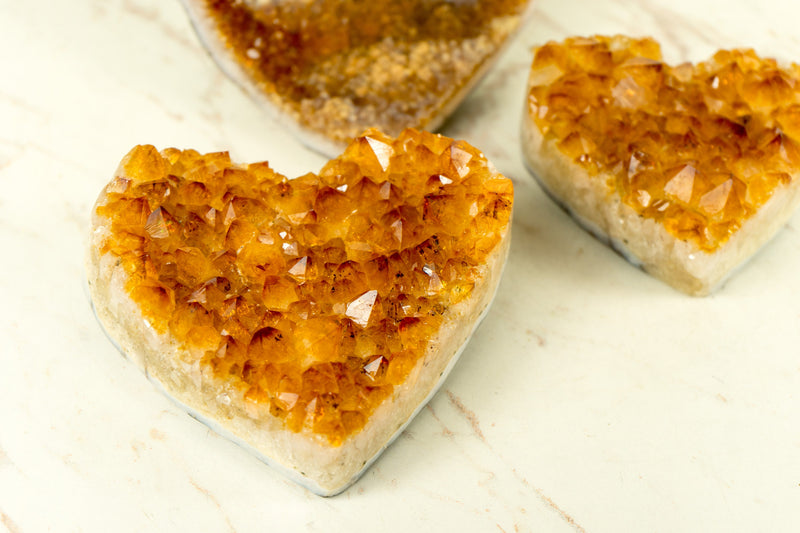 Set of 3 High-Grade Deep Orange Citrine Hearts, Natural, One with Galaxy Citrine Druzy, Wholesale Flat Box - 1.7 Kg - 3.7 lb - E2D Crystals & Minerals