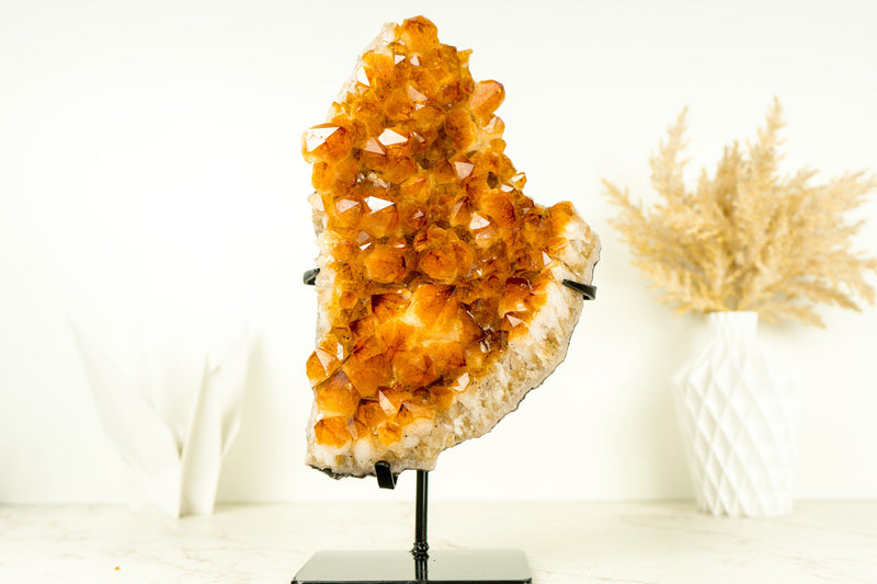 High-Grade Natural Citrine Cluster with Flower Rosette, Deep Orange and Large Druzy