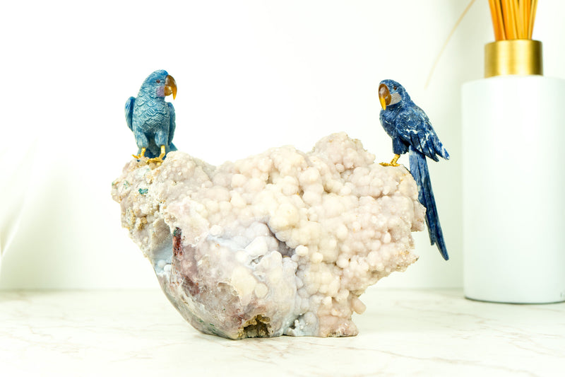 Blue Sodalite Quartz Bird Carving: Couple of Parrots Sculpture by World-Renowned Carver Venturini