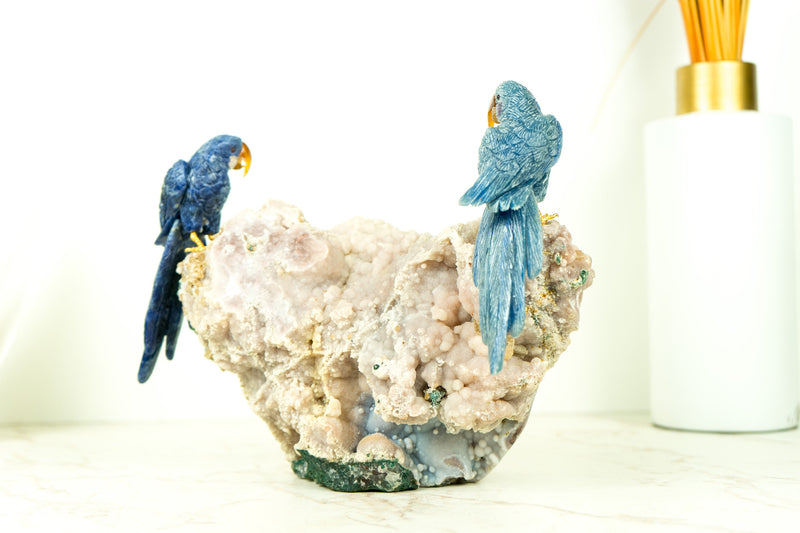 Blue Sodalite Quartz Bird Carving: Couple of Parrots Sculpture by World-Renowned Carver Venturini