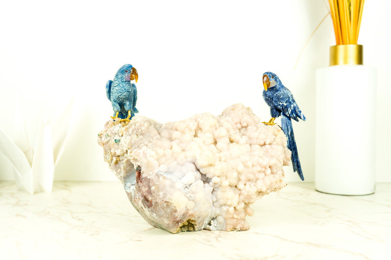 Blue Sodalite Quartz Bird Carving: Couple of Parrots Sculpture by World-Renowned Carver Venturini