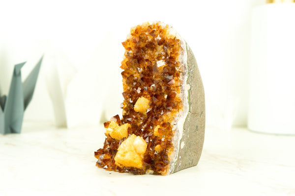 Small AAA Citrine Cluster with Madeira Citrine Druzy and Calcite, Self-Standing