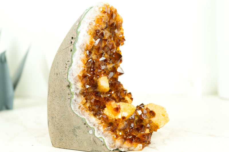 Small AAA Citrine Cluster with Madeira Citrine Druzy and Calcite, Self-Standing
