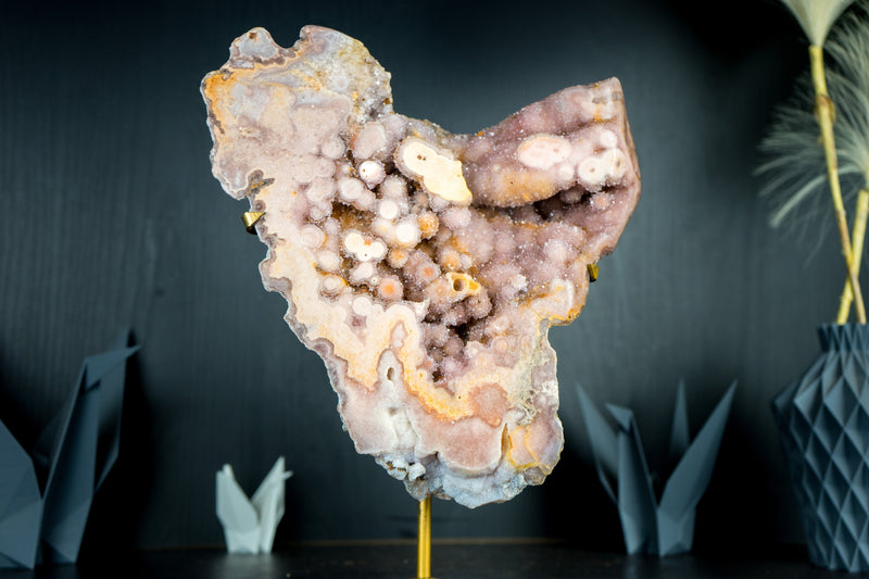 Rare High-Grade Pink Amethyst Geode Slab with AAA Yellow and Rose Amethyst Galaxy Druzy