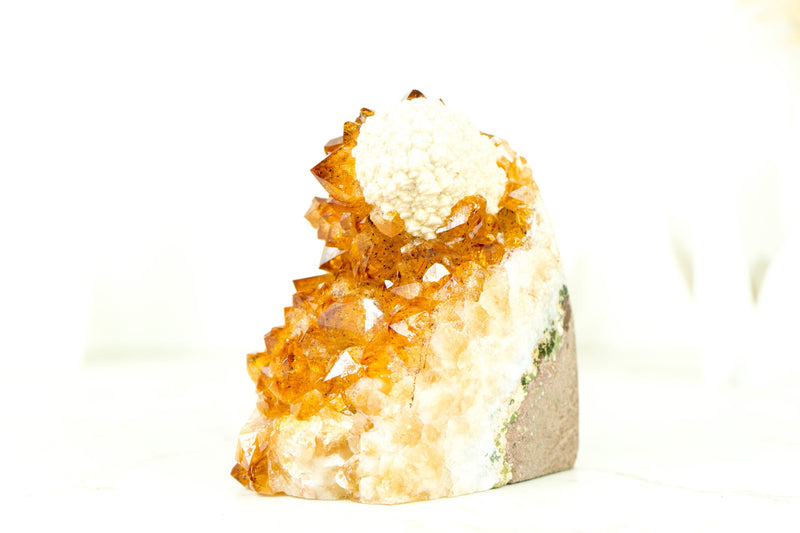 Small Deep Orange Citrine Cluster with Rare Spherical Calcite Flower, Self-Standing