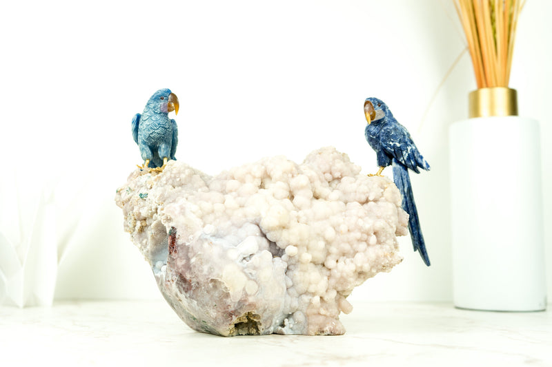 Blue Sodalite Quartz Bird Carving: Couple of Parrots Sculpture by World-Renowned Carver Venturini