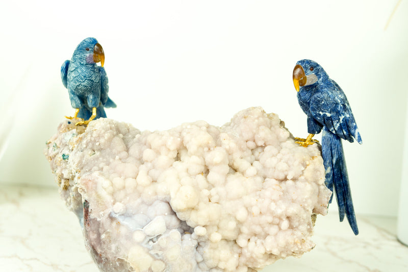 Blue Sodalite Quartz Bird Carving: Couple of Parrots Sculpture by World-Renowned Carver Venturini