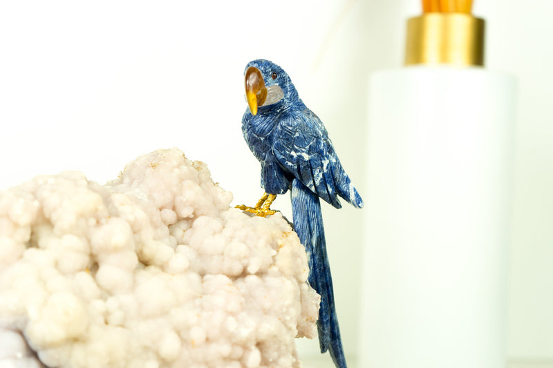 Blue Sodalite Quartz Bird Carving: Couple of Parrots Sculpture by World-Renowned Carver Venturini