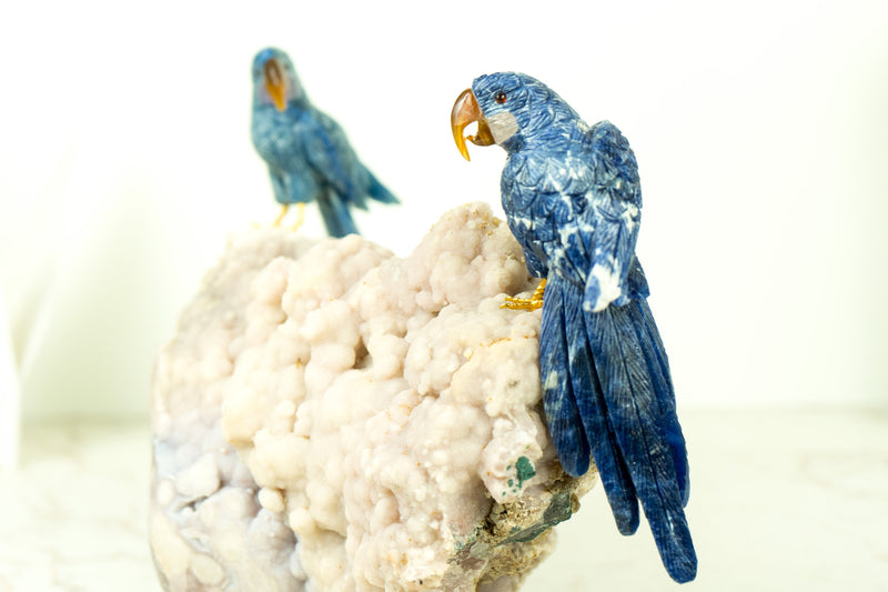 Blue Sodalite Quartz Bird Carving: Couple of Parrots Sculpture by World-Renowned Carver Venturini