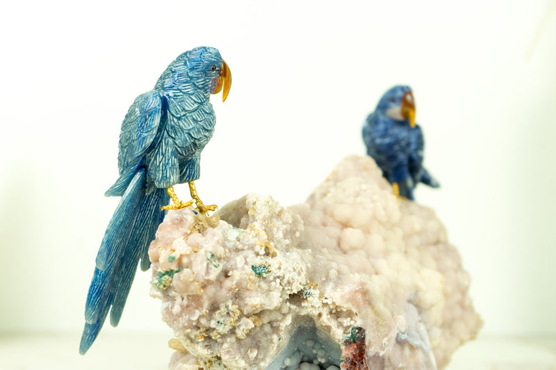 Blue Sodalite Quartz Bird Carving: Couple of Parrots Sculpture by World-Renowned Carver Venturini