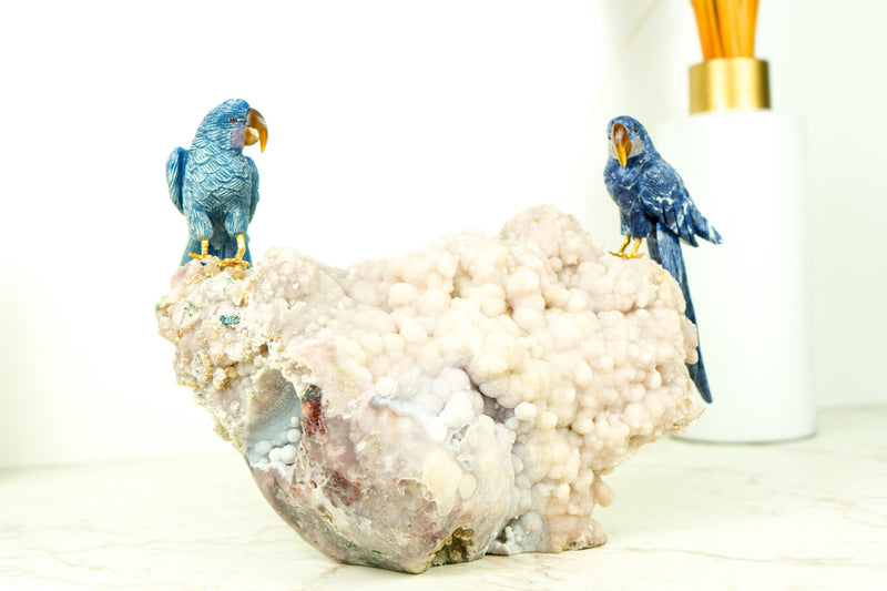 Blue Sodalite Quartz Bird Carving: Couple of Parrots Sculpture by World-Renowned Carver Venturini