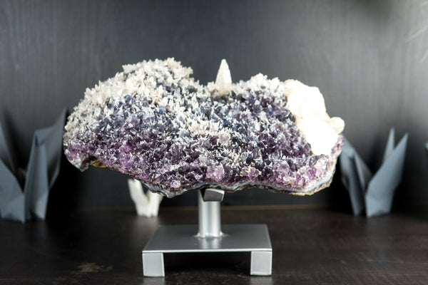 Rare Large Amethyst Geode Flower with Calcite Inclusions and Dark Purple Amethyst