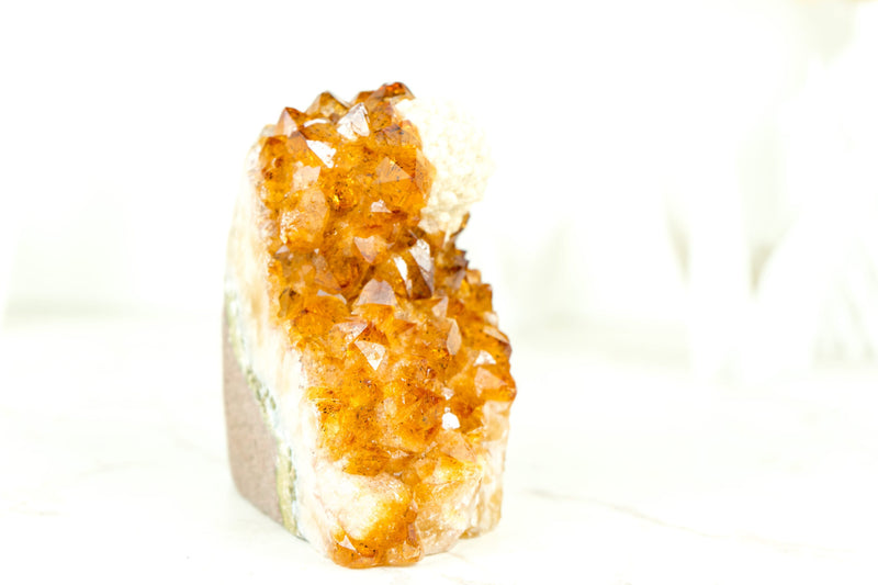 Small Deep Orange Citrine Cluster with Rare Spherical Calcite Flower, Self-Standing