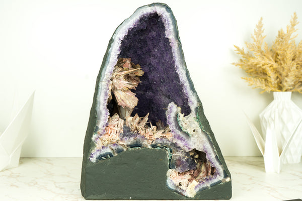Amethyst Geode Cathedral with Intact Rose Quartz Pseudomorph Flowers on Lavender Purple Amethyst