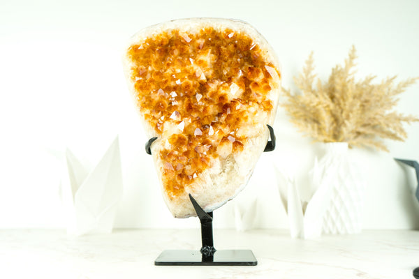 Natural Rich Orange Citrine Cluster with Orange Citrine Druzy and Flower Rosettes on Stand - 12.2 In - 12.9 Lb - E2D Crystals & Minerals