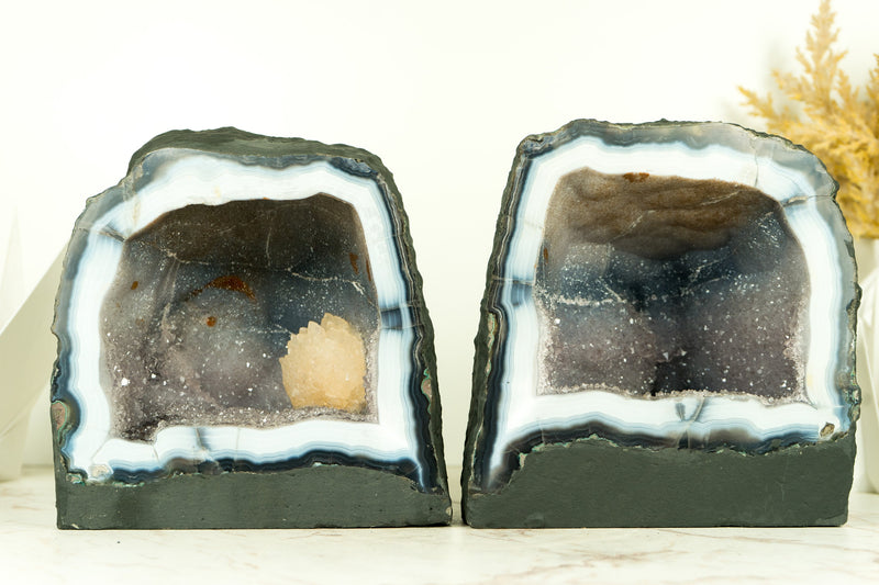 Gorgeous Pair of Small Lace Agate Geodes with Calcite, and Galaxy Druzy
