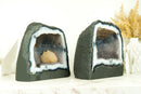 Gorgeous Pair of Small Lace Agate Geodes with Calcite, and Galaxy Druzy