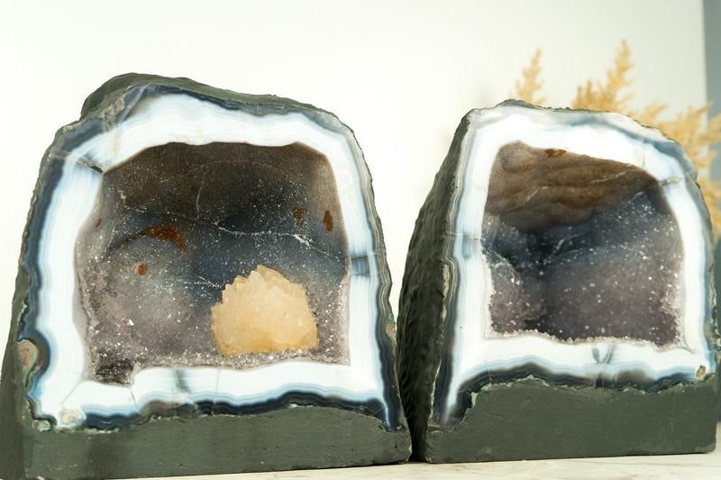 Gorgeous Pair of Small Lace Agate Geodes with Calcite, and Galaxy Druzy
