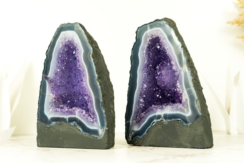 Pair of Lace Agate Geode with Sparkly Lilac Amethyst Druzy and Large Flower Rosette