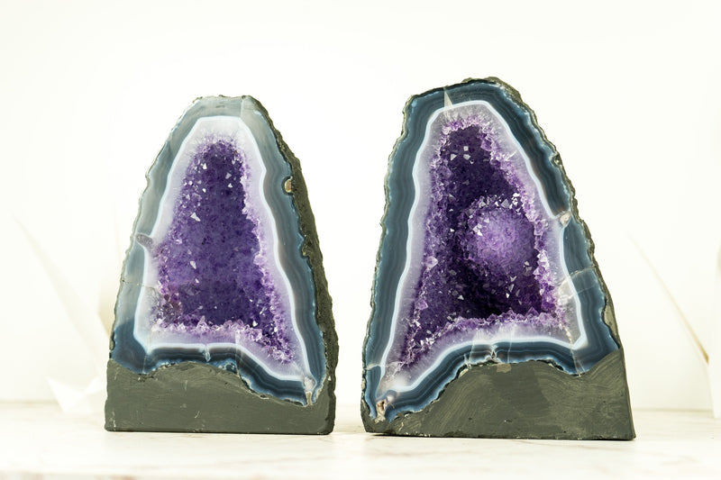 Pair of Lace Agate Geode with Sparkly Lilac Amethyst Druzy and Large Flower Rosette