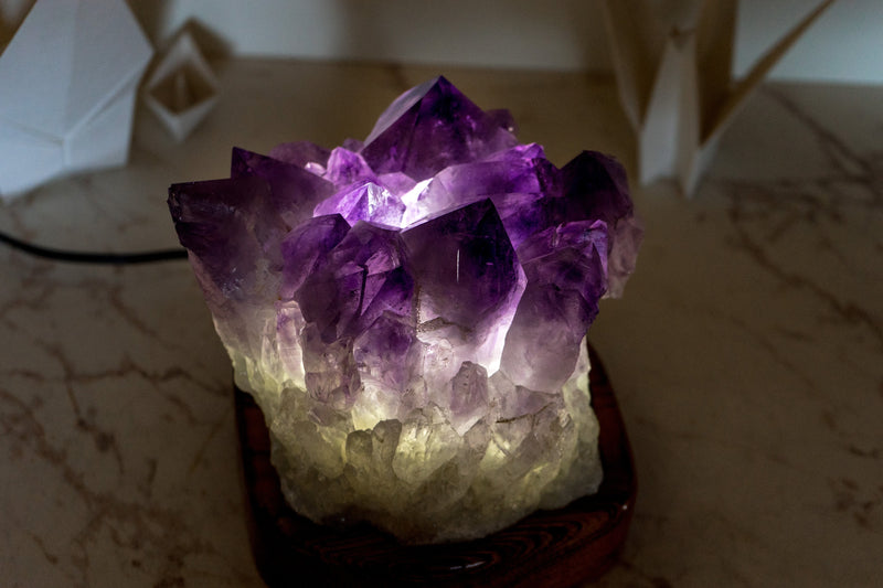 Bespoke Table Lamp with a AAA Amethyst Cluster and Brazilian Wood