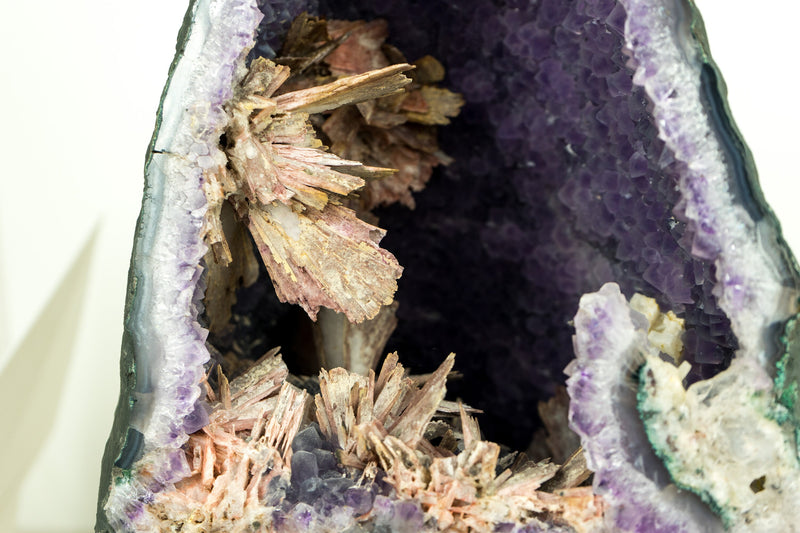 Amethyst Geode Cathedral with Intact Rose Quartz Pseudomorph Flowers on Lavender Purple Amethyst