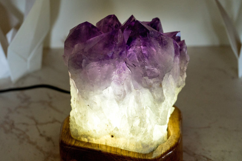 Custom-Made Table Lamp with a AAA Amethyst Cluster and Brazilian Wood