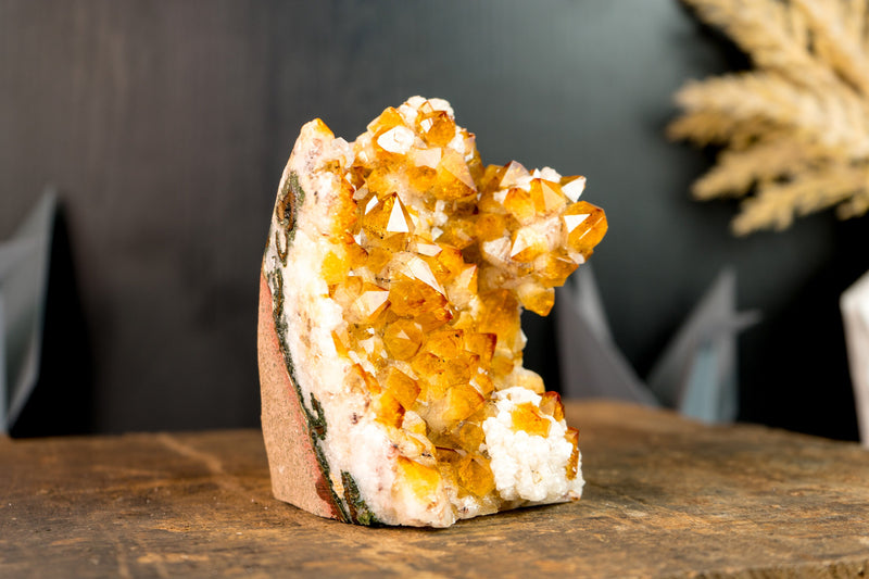 Golden Orange Citrine Crystal Cluster with Stalactite Flower and Calcite