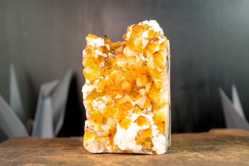 Golden Orange Citrine Crystal Cluster with Stalactite Flower and Calcite