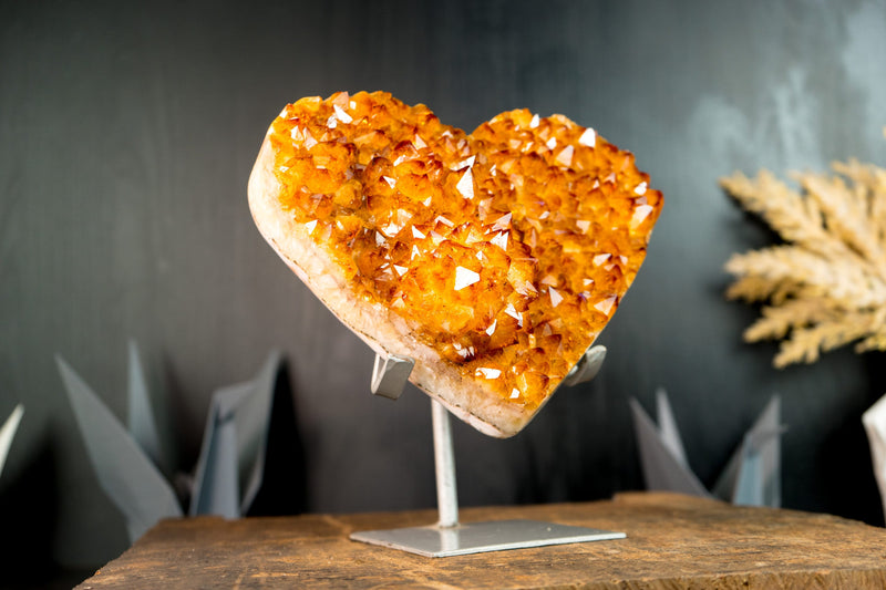 AAA Large Citrine Heart with Flower Rosette and Sparkly Golden Orange Druzy