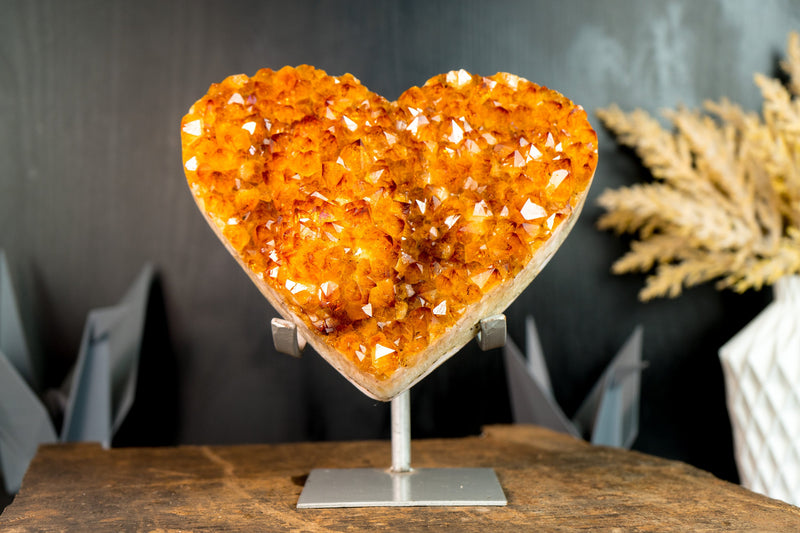 AAA Large Citrine Heart with Flower Rosette and Sparkly Golden Orange Druzy