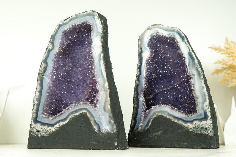 Pair of High-Grade Small Blue Lace Agate Geodes with Sparkly Galaxy Lavender Amethyst Druzy