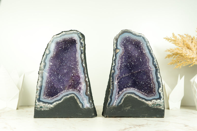 Pair of High-Grade Small Blue Lace Agate Geodes with Sparkly Galaxy Lavender Amethyst Druzy