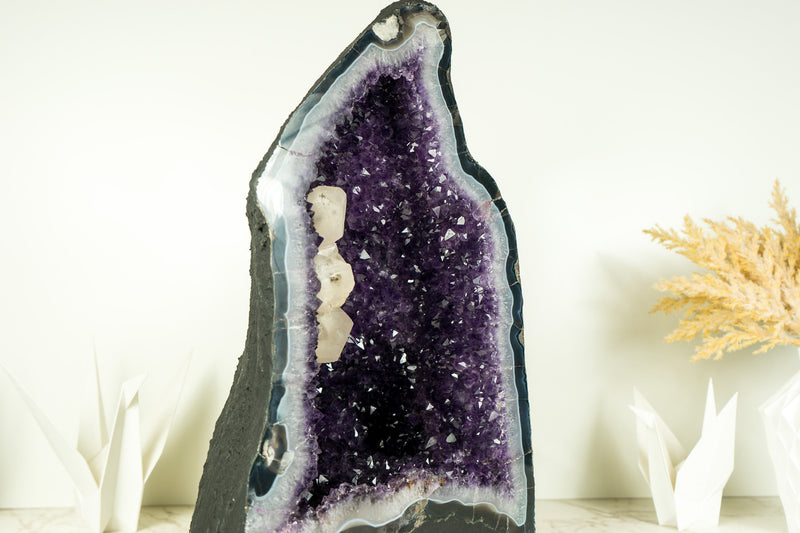 Gorgeous Amethyst Geode with Deep Purple Amethyst Druzy, Blue Lace Agate, and Calcite Formation