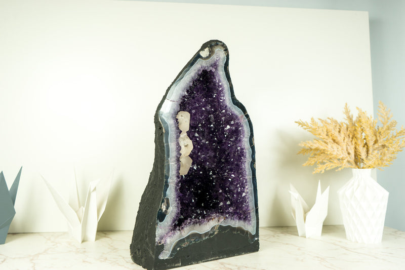 Gorgeous Amethyst Geode with Deep Purple Amethyst Druzy, Blue Lace Agate, and Calcite Formation