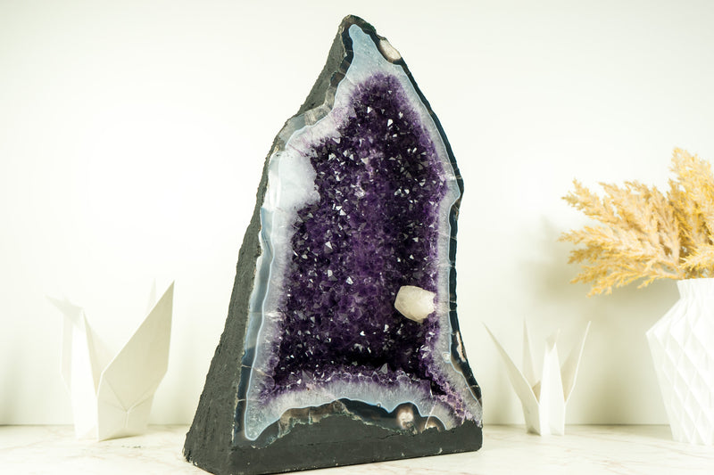 Rare Amethyst Geode with Deep Purple Amethyst Druzy, Blue Lace Agate, and Calcite Inclusion