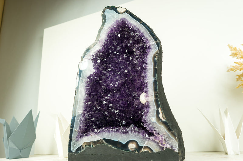 Rare Amethyst Geode with Deep Purple Amethyst Druzy, Blue Lace Agate, and Calcite Inclusion