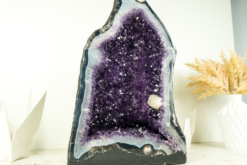 Rare Amethyst Geode with Deep Purple Amethyst Druzy, Blue Lace Agate, and Calcite Inclusion