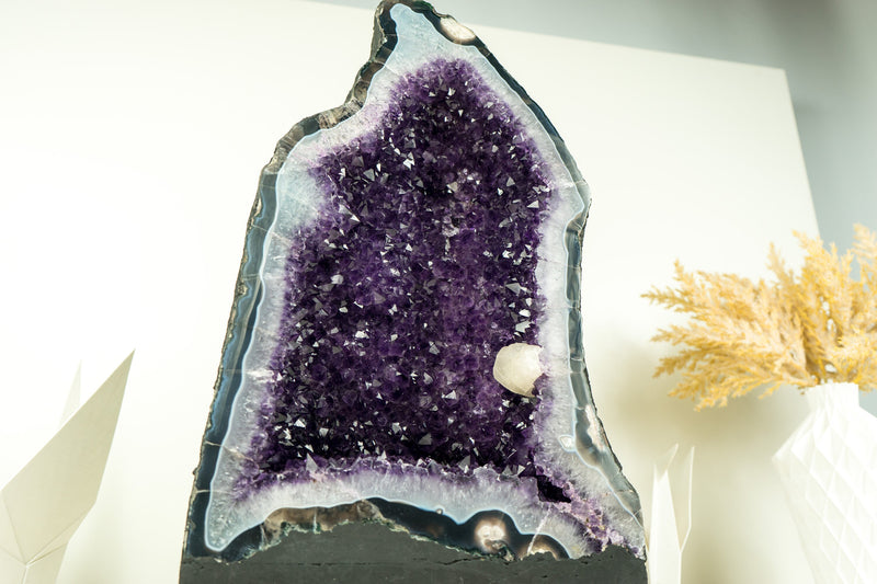 Rare Amethyst Geode with Deep Purple Amethyst Druzy, Blue Lace Agate, and Calcite Inclusion