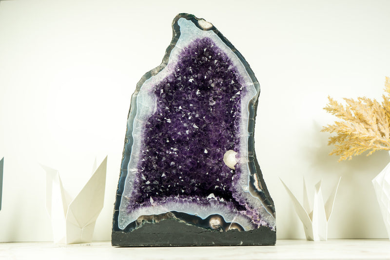 Rare Amethyst Geode with Deep Purple Amethyst Druzy, Blue Lace Agate, and Calcite Inclusion