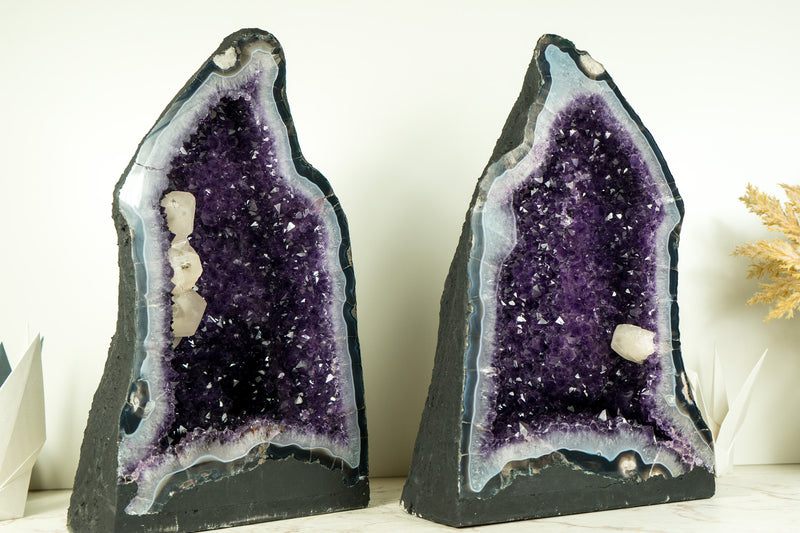 Pair of Rare Amethyst Geodes with Deep Purple Amethyst Druzy, Blue Lace Agate, and Calcite Inclusions