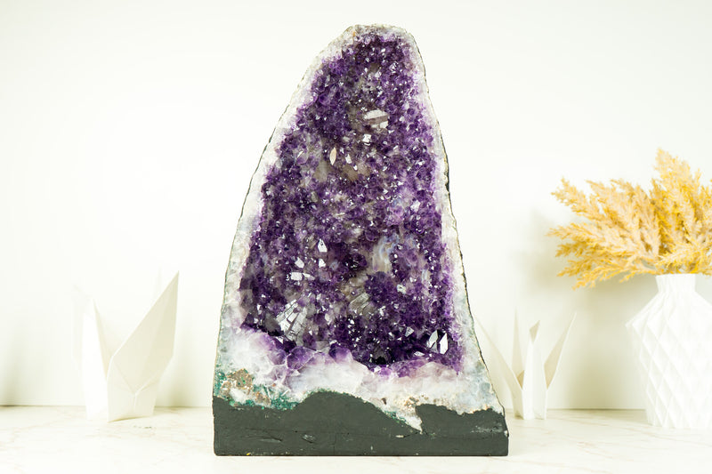 Deep Purple Amethyst Geode with Rare Flower-Like Druzy Formation and Calcite Inclusions