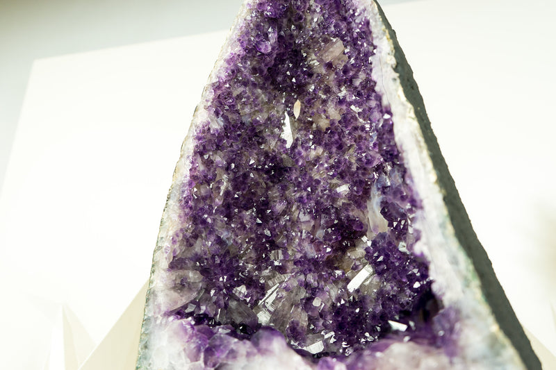 Deep Purple Amethyst Geode with Rare Flower-Like Druzy Formation and Calcite Inclusions