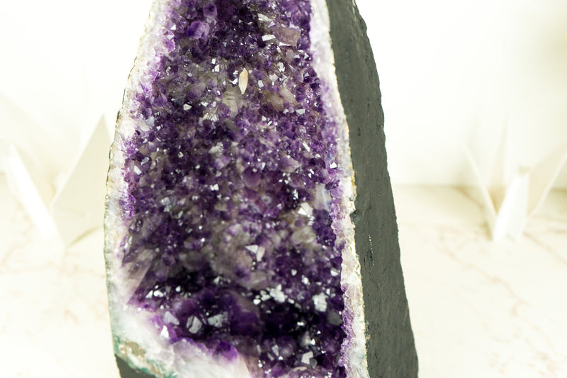 Deep Purple Amethyst Geode with Rare Flower-Like Druzy Formation and Calcite Inclusions