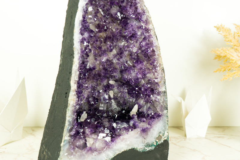 Deep Purple Amethyst Geode with Rare Flower-Like Druzy Formation and Calcite