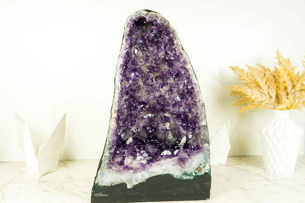 Deep Purple Amethyst Geode with Rare Flower-Like Druzy Formation and Calcite