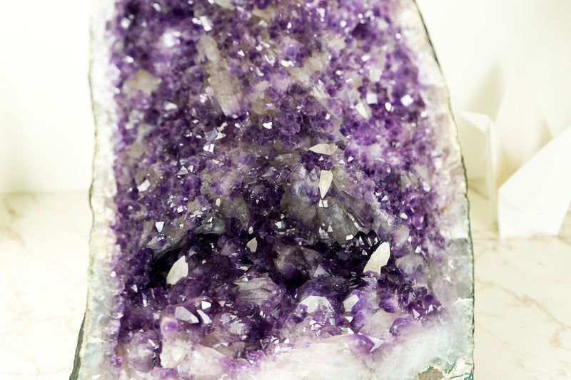 Deep Purple Amethyst Geode with Rare Flower-Like Druzy Formation and Calcite